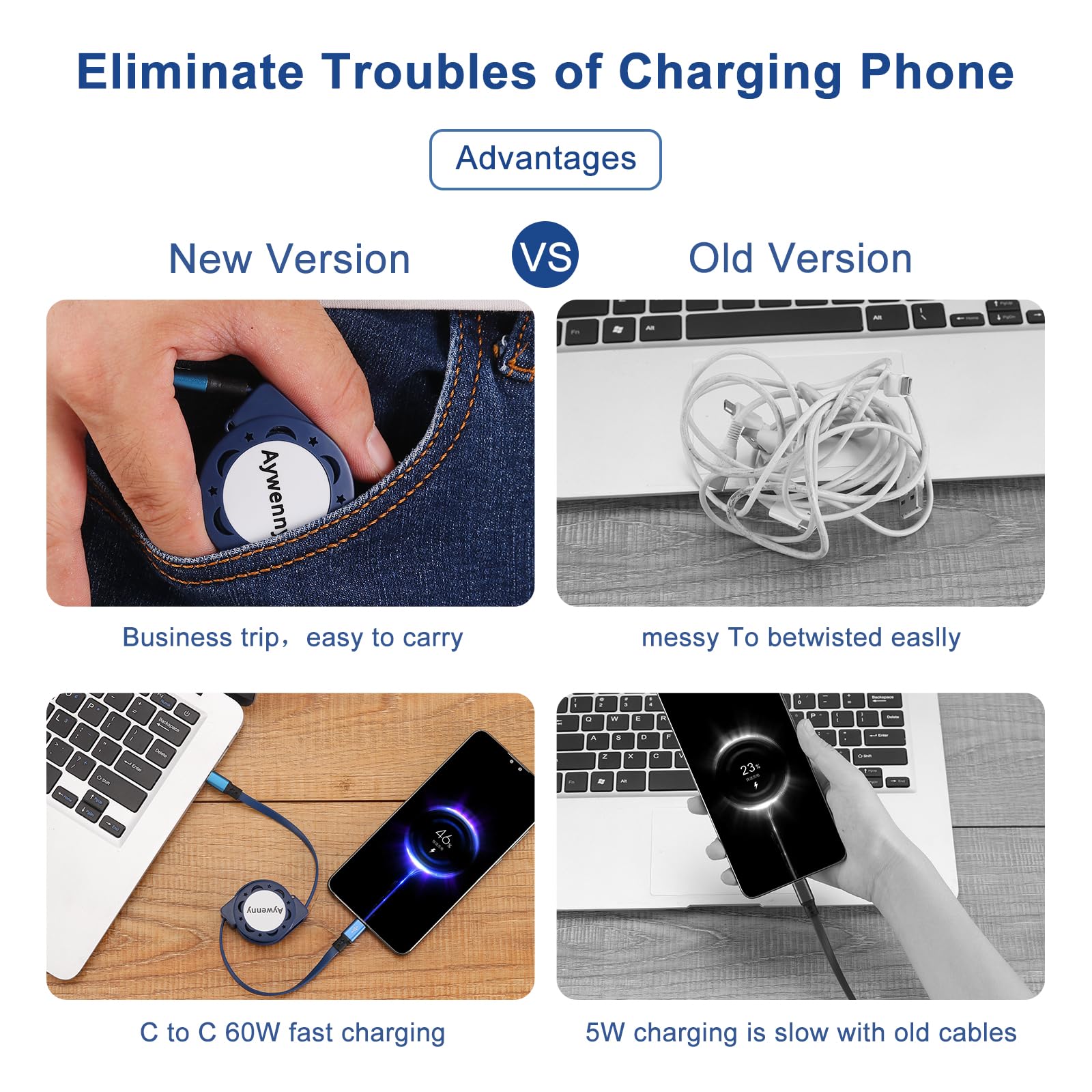 Aywenny Aywenny 60W USB C Charger Cable Fast Charging Data Sync Cord for iPhone 15 Plus Pro Max iPad Mini 6 Galaxy S23 3Pack 3.3FT - View 6 of 7