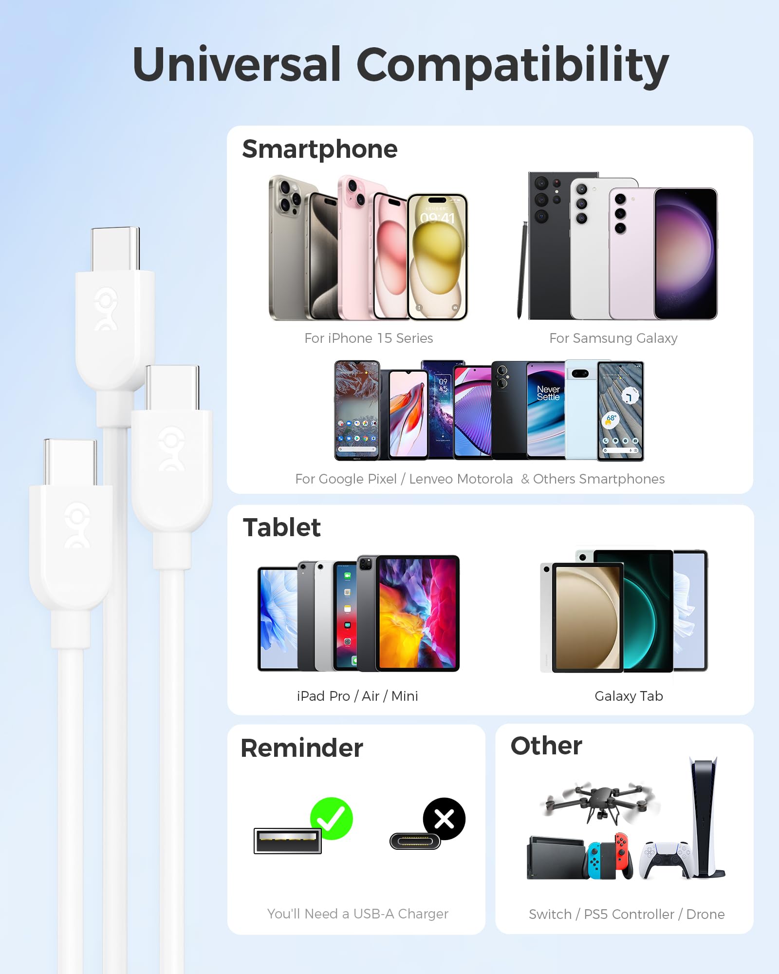 Cable Matters Cable Matters 3-Pack 6ft Flexible USB A to USB C Cable White for iPhone 16 15 Pro Max Plus Galaxy S23 Apple CarPlay Android Auto - View 7 of 7