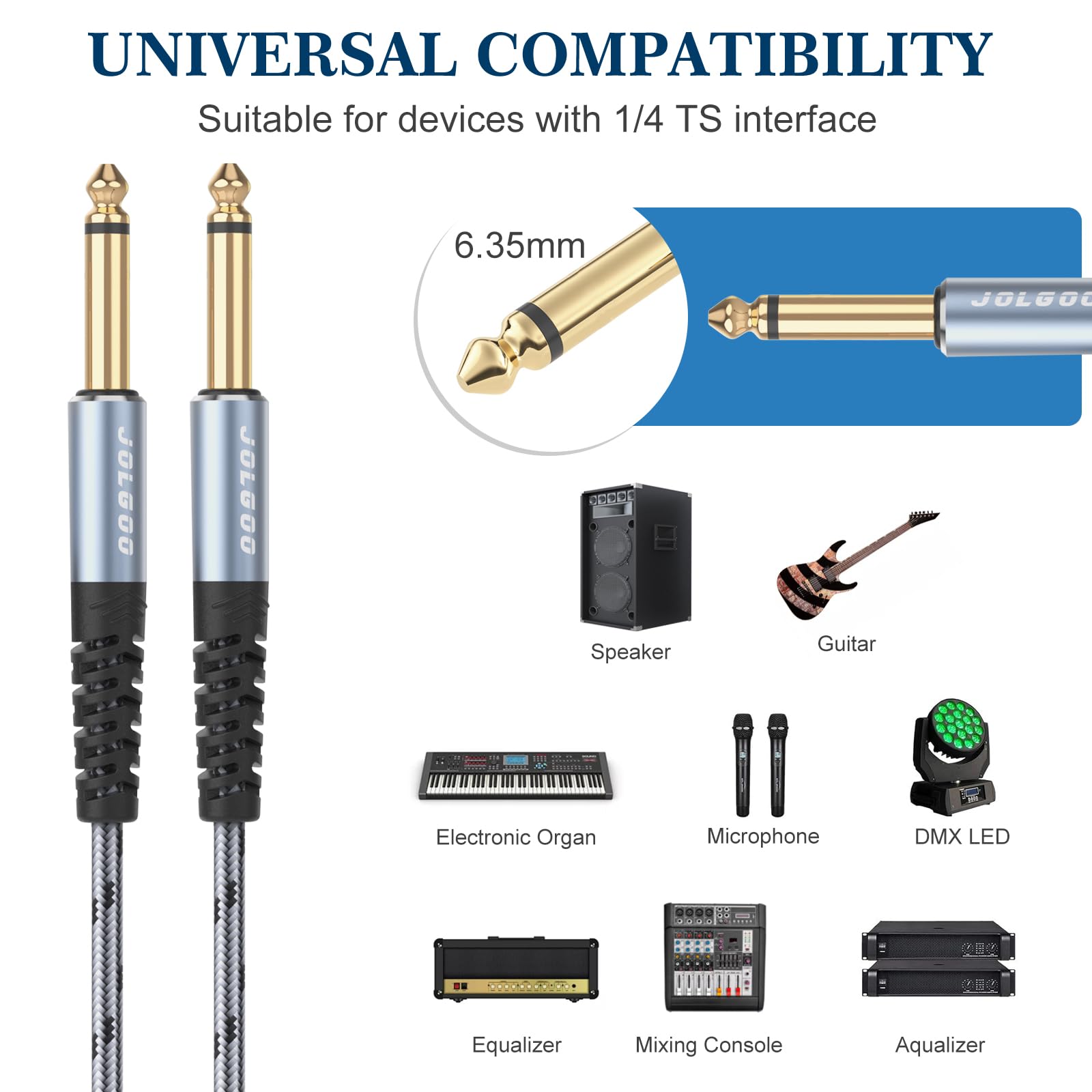 JOLGOO JOLGOO 1/4 Inch Guitar Instrument Cable 6.6 FT 2-Pack for Electric Guitar Bass Keyboard Mixer Amplifier Speaker Electric Mandolin - View 2 of 6