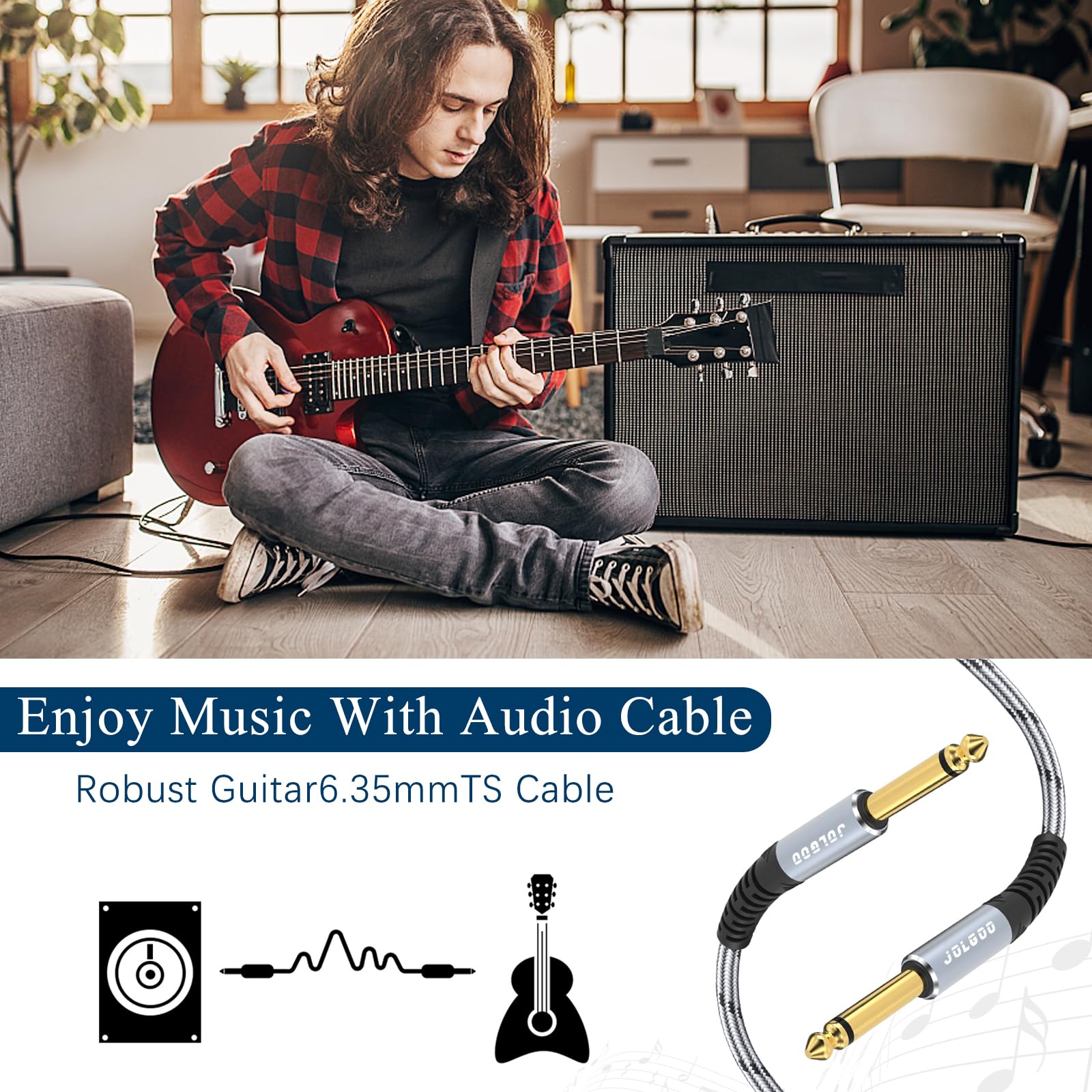 JOLGOO JOLGOO 1/4 Inch Guitar Instrument Cable 6.6 FT 2-Pack for Electric Guitar Bass Keyboard Mixer Amplifier Speaker Electric Mandolin - View 6 of 6