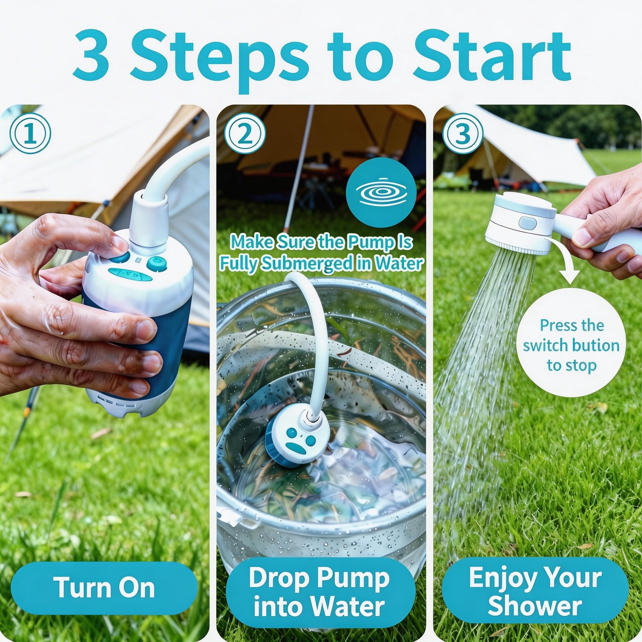 Le Bomlu Portable Camping Shower Pump - Rechargeable Outdoor Shower Head Sprayer, Pumps Water from Bucket. Experience Refreshment Anywhere, Perfect for Camping, Hiking, Travel, Car Washing & Pet Cleaning - View 6 of 7