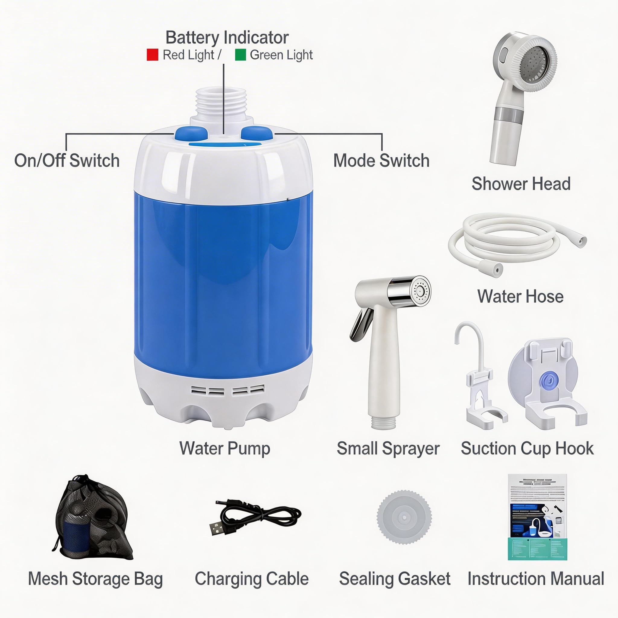 Le Bomlu Portable Camping Shower Pump - Rechargeable Outdoor Shower Head Sprayer, Pumps Water from Bucket. Experience Refreshment Anywhere, Perfect for Camping, Hiking, Travel, Car Washing & Pet Cleaning - View 7 of 7