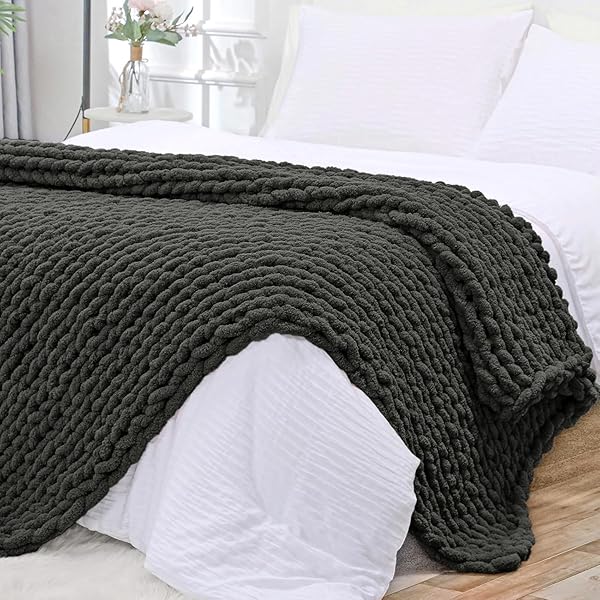 Bigacogo Bigacogo Chunky Knit Throw Blanket 60x80 Hand Knitted Jumbo Chenille Yarn Cozy Soft Cable Crochet for Sofa Bed Living Room Dark Grey