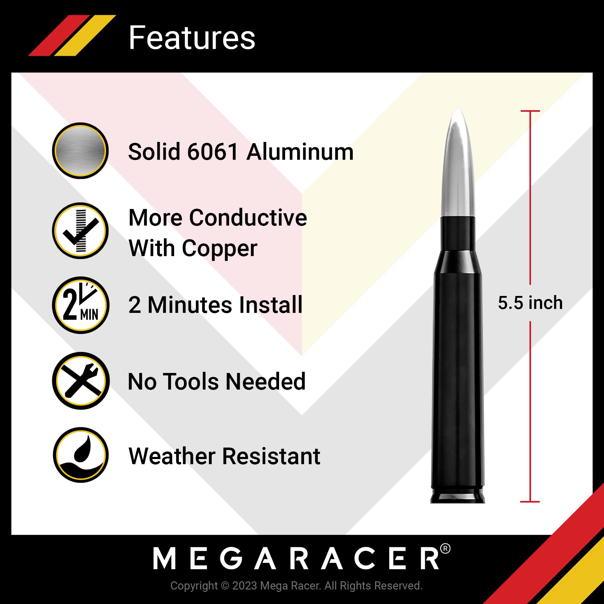 Mega Racer Mega Racer Silver Black Antenna for Jeep Wrangler Gladiator 2007-2024 Accessories Replacement Sahara Rubicon Willys Mojave - View 2 of 6