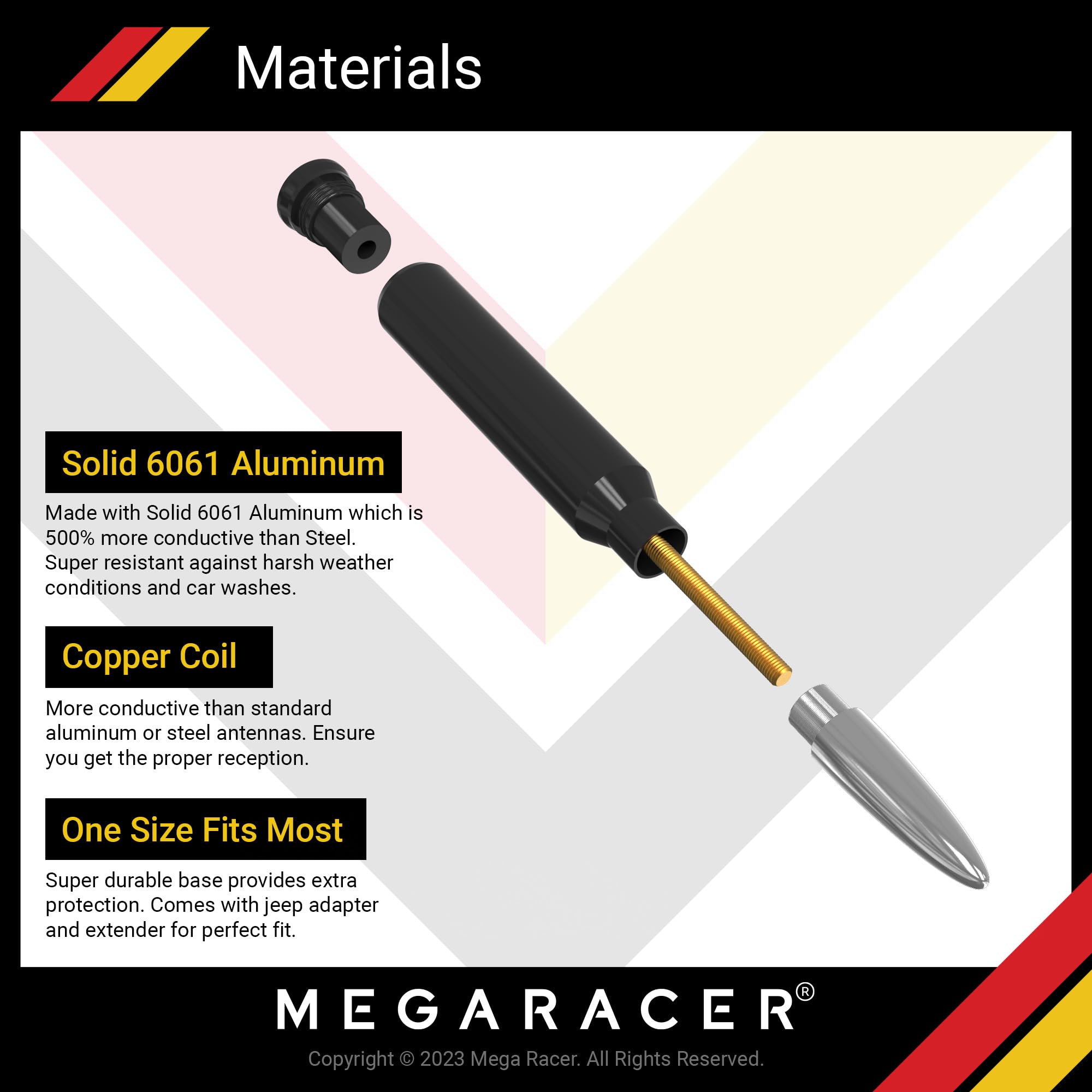 Mega Racer Mega Racer Silver Black Antenna for Jeep Wrangler Gladiator 2007-2024 Accessories Replacement Sahara Rubicon Willys Mojave - View 4 of 6