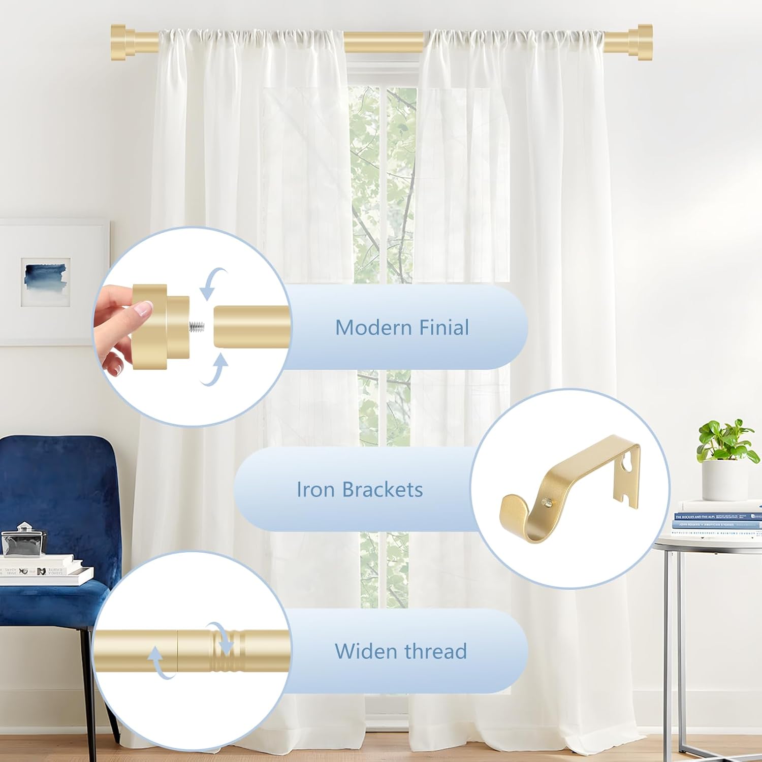 hei! dear HEI DEAR Adjustable Gold Curtain Rods 72 to 144 Inch Heavy Duty Modern Telescoping Drapery Rods for Windows - View 2 of 9