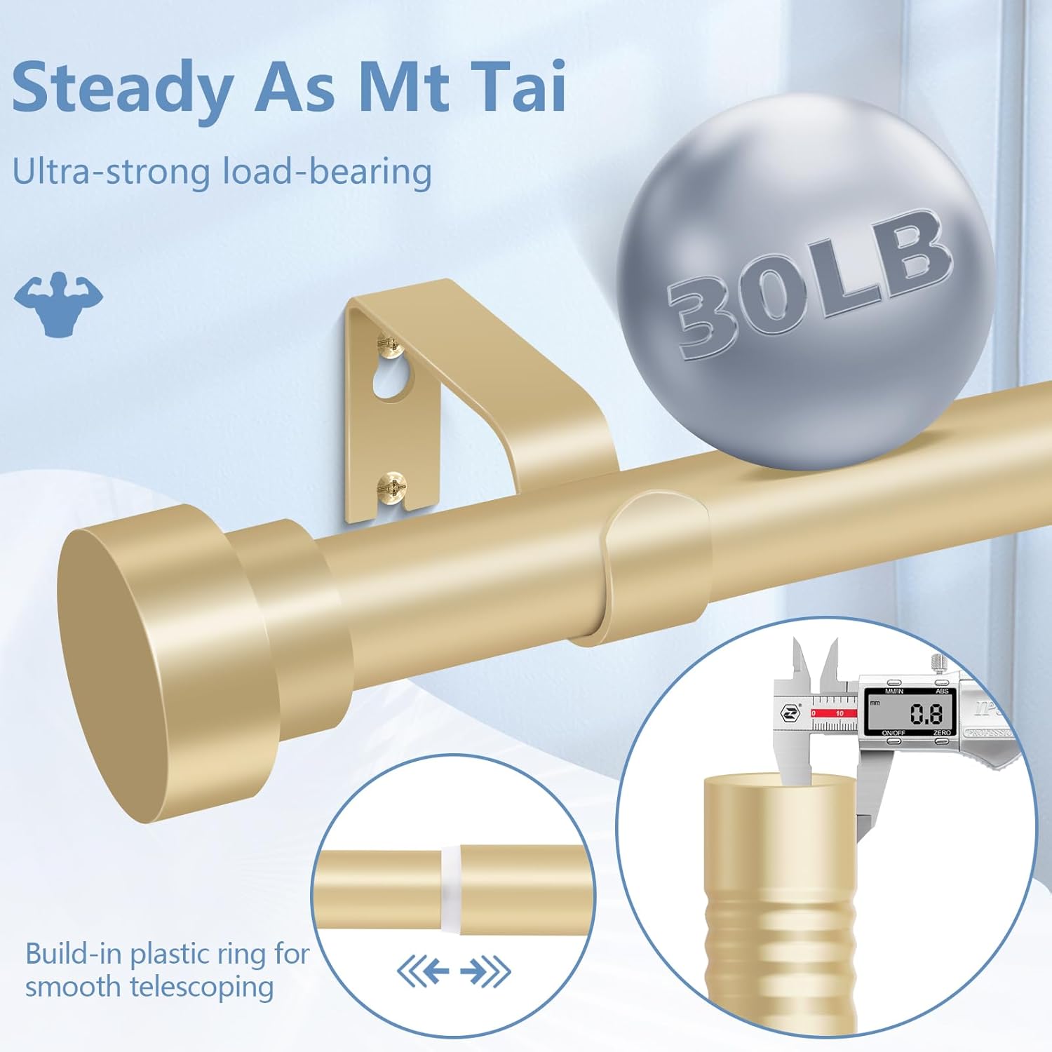 hei! dear HEI DEAR Adjustable Gold Curtain Rods 72 to 144 Inch Heavy Duty Modern Telescoping Drapery Rods for Windows - View 3 of 9