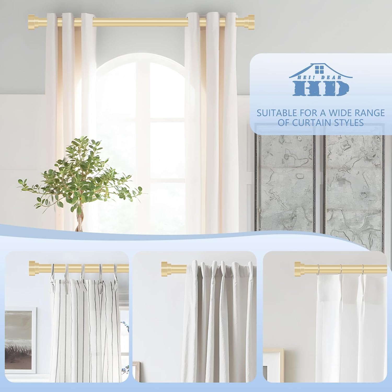 hei! dear HEI DEAR Adjustable Gold Curtain Rods 72 to 144 Inch Heavy Duty Modern Telescoping Drapery Rods for Windows - View 5 of 9