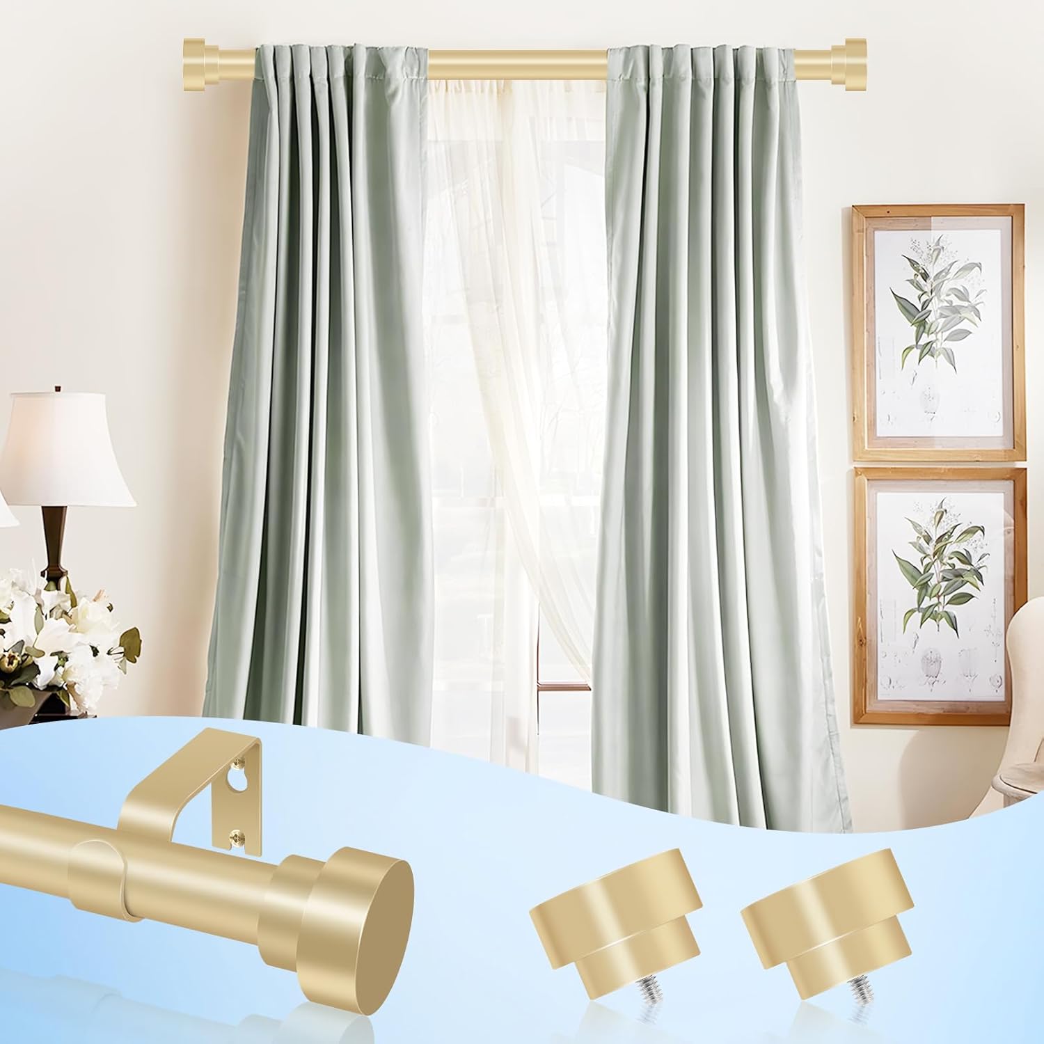 hei! dear HEI DEAR Adjustable Gold Curtain Rods 72 to 144 Inch Heavy Duty Modern Telescoping Drapery Rods for Windows - View 6 of 9