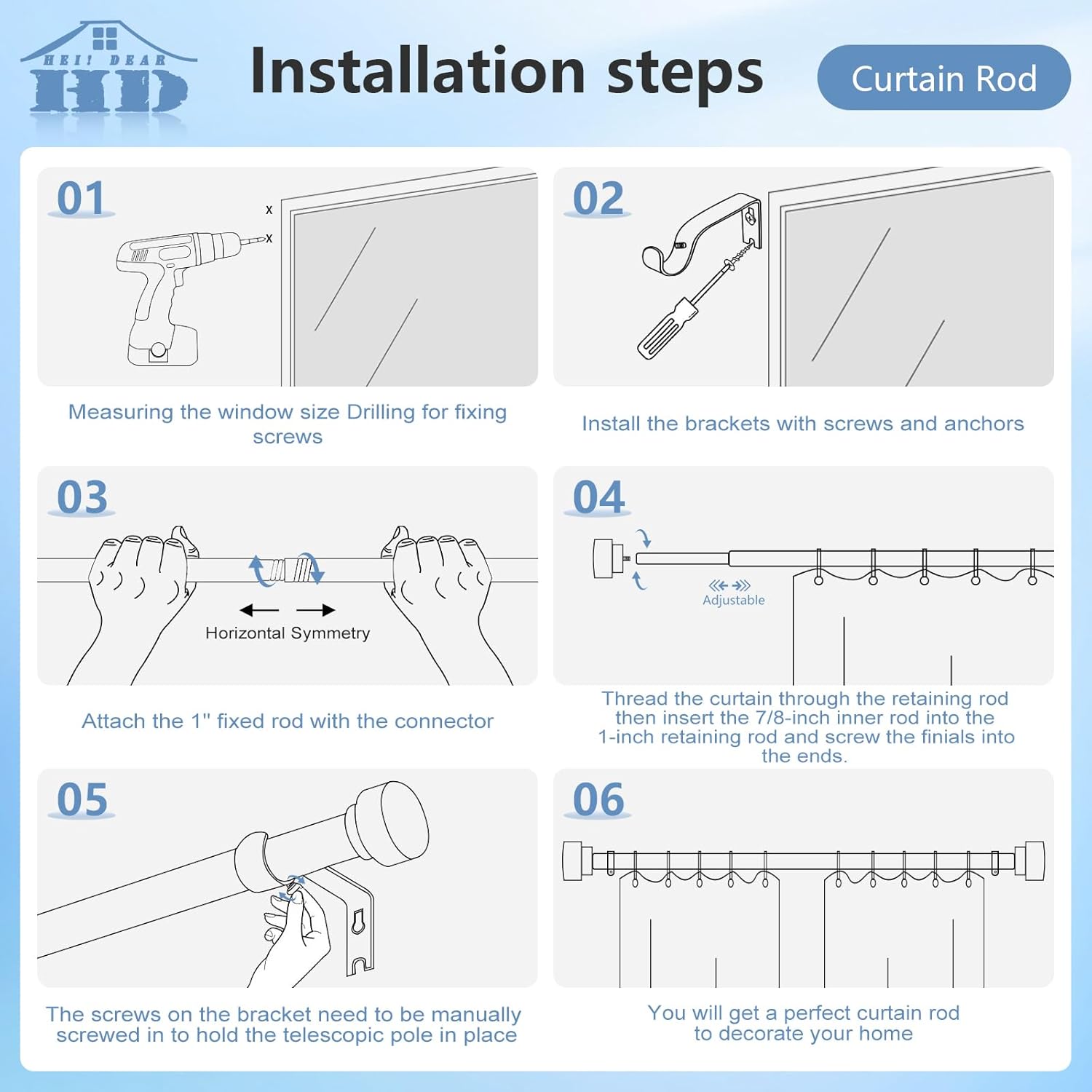 hei! dear HEI DEAR Adjustable Gold Curtain Rods 72 to 144 Inch Heavy Duty Modern Telescoping Drapery Rods for Windows - View 7 of 9