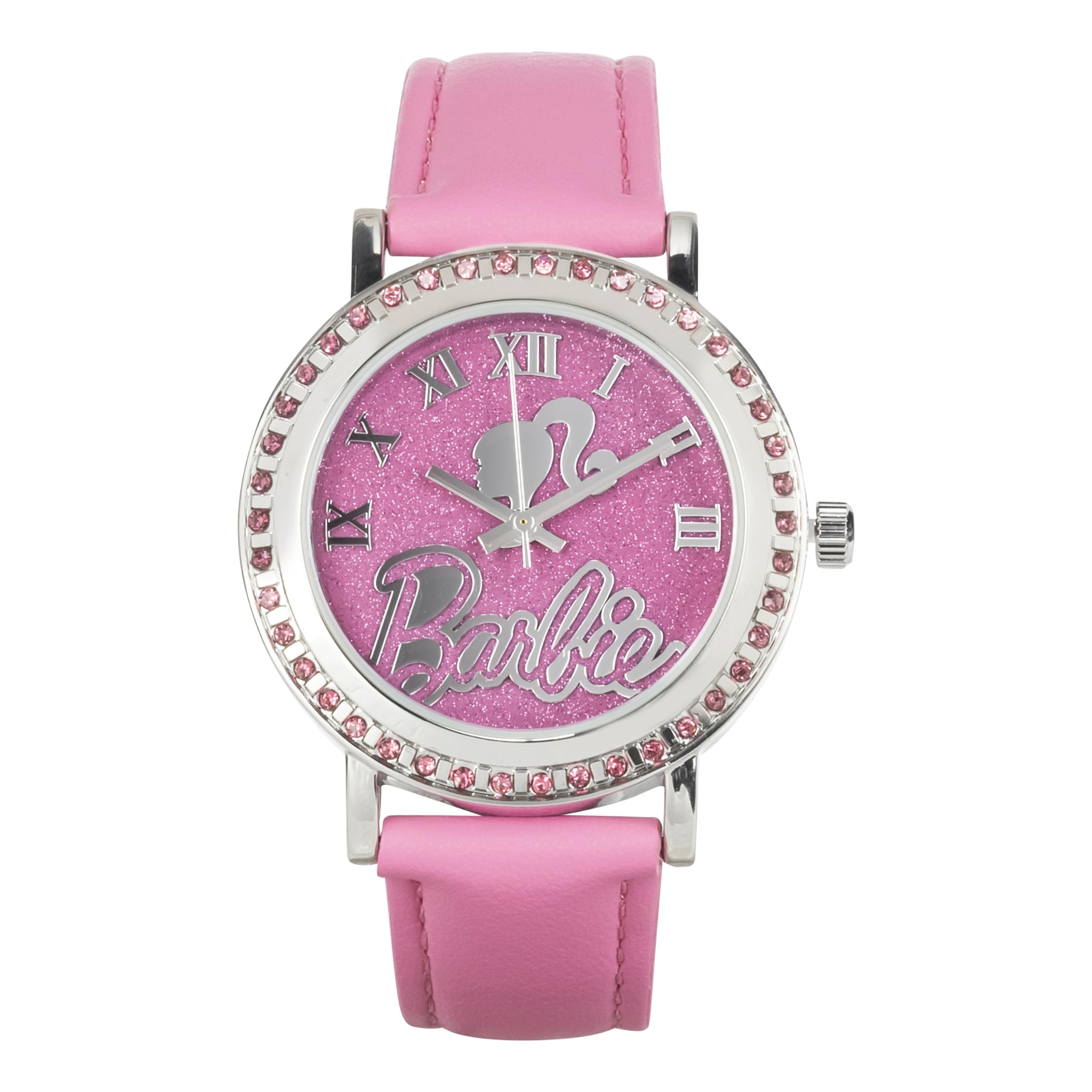 Accutime Barbie Women's Pink Glitter Analog Watch Faux Leather Strap Elegant Timepiece Inspired by Barbie Movie Silhouette Dial BAR5017AZ