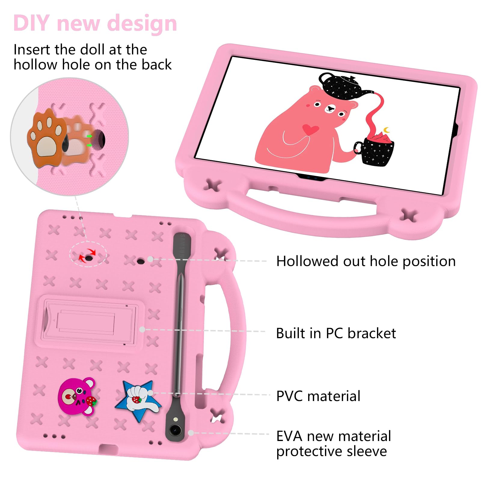YRH YRH Galaxy Tab S9 FE 5G Case 10.9 inch Kids EVA Cover with Stand Handle for Samsung S9 FE S9 S8 S7 Tablet Pink DIY Cartoon Figures - View 3 of 6