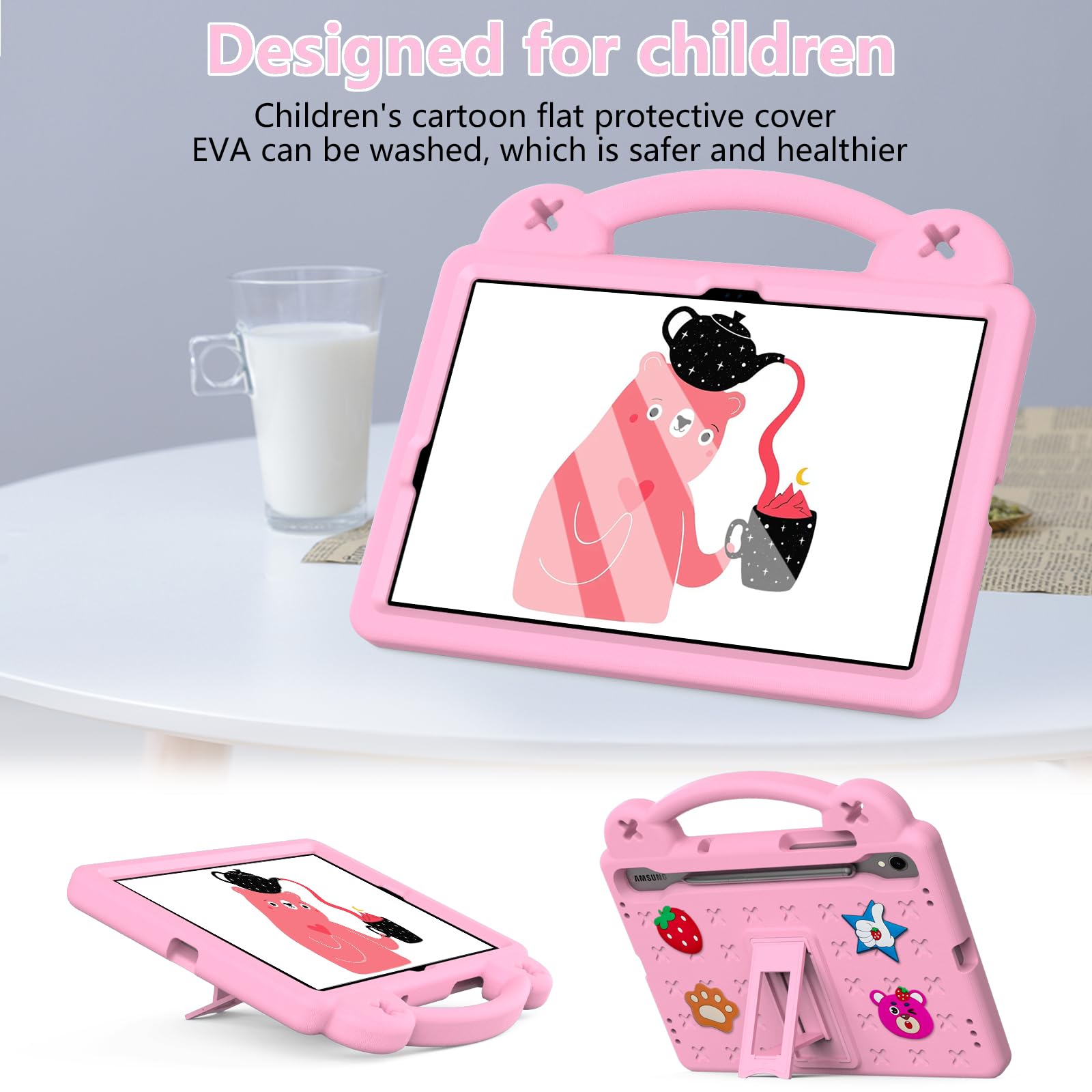 YRH YRH Galaxy Tab S9 FE 5G Case 10.9 inch Kids EVA Cover with Stand Handle for Samsung S9 FE S9 S8 S7 Tablet Pink DIY Cartoon Figures - View 4 of 6