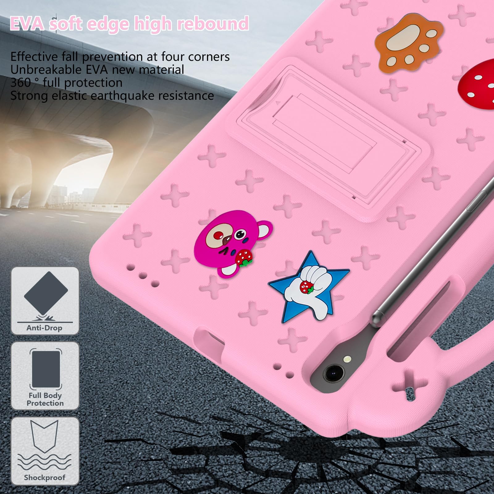 YRH YRH Galaxy Tab S9 FE 5G Case 10.9 inch Kids EVA Cover with Stand Handle for Samsung S9 FE S9 S8 S7 Tablet Pink DIY Cartoon Figures - View 5 of 6