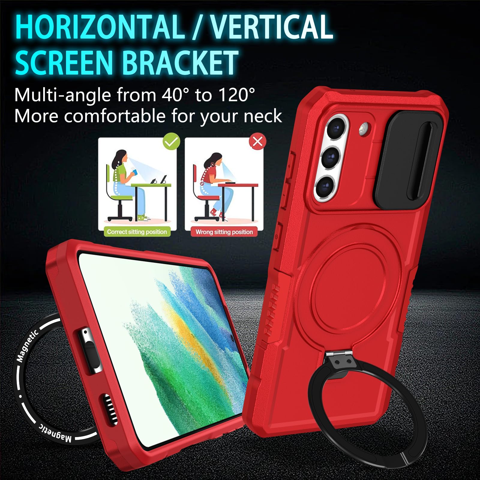 KTUOHU KTUOHU Samsung Galaxy S21 FE Case with Magnetic Ring Stand Military Grade Heavy Duty Shockproof Protective Cover Red - View 2 of 8