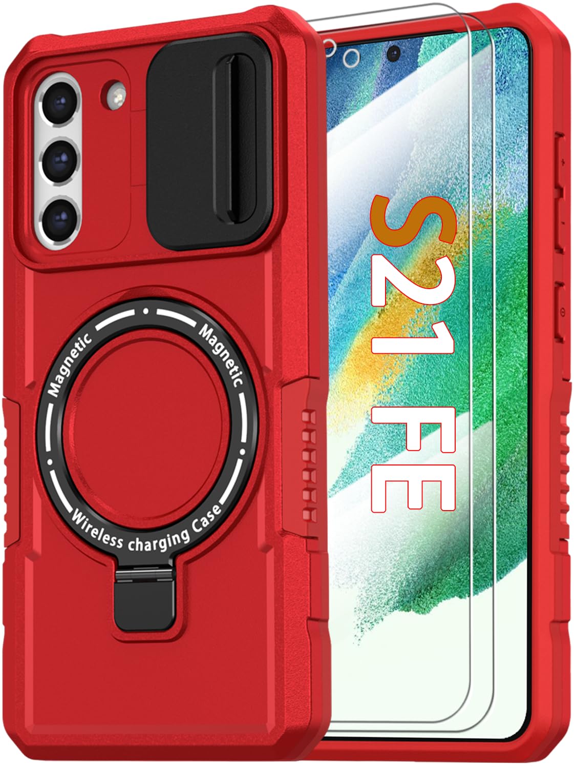 KTUOHU KTUOHU Samsung Galaxy S21 FE Case with Magnetic Ring Stand Military Grade Heavy Duty Shockproof Protective Cover Red