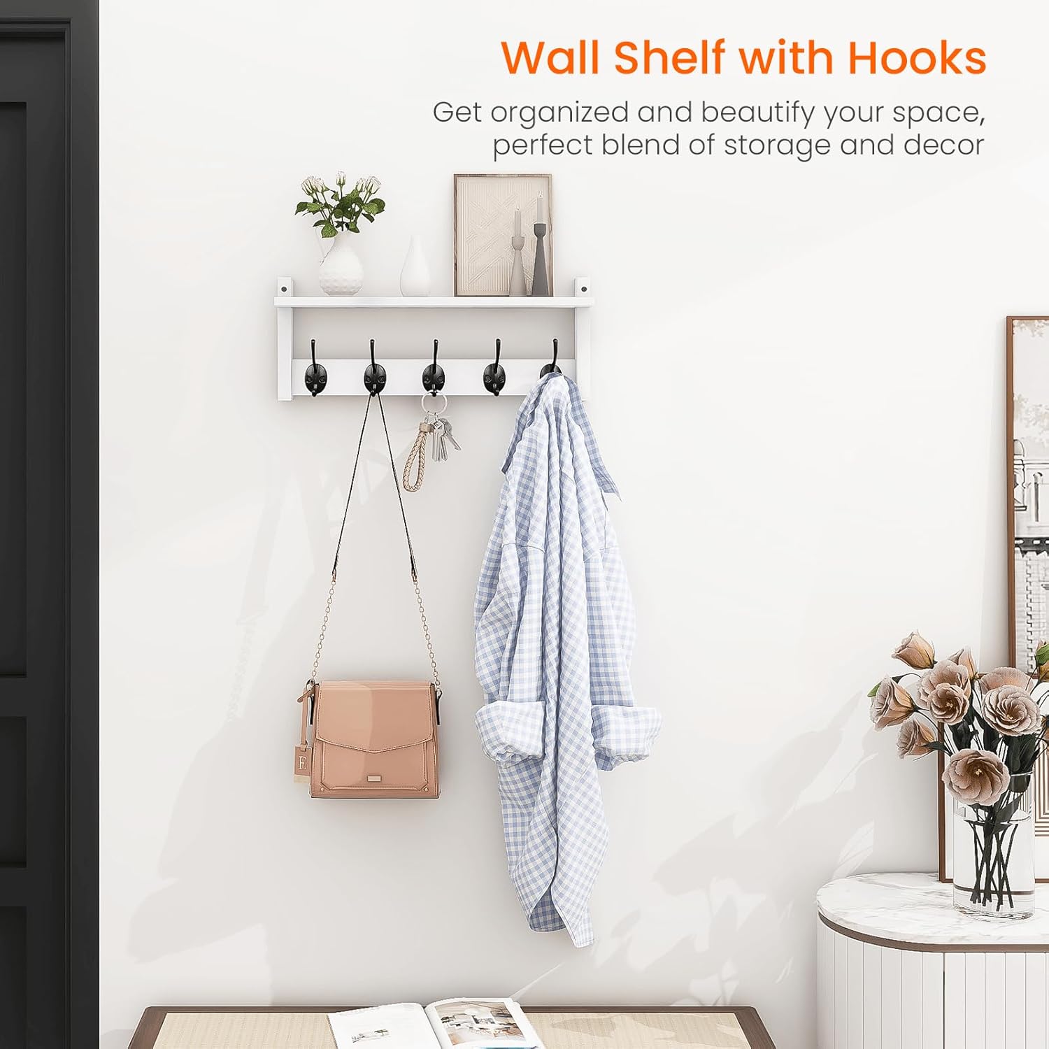 Homode Homode Wall Shelf with Hooks and Pegs for Entryway Bathroom Hallway Bedroom Stylish Wood and Iron Coat Rack Wall Mount - View 2 of 9