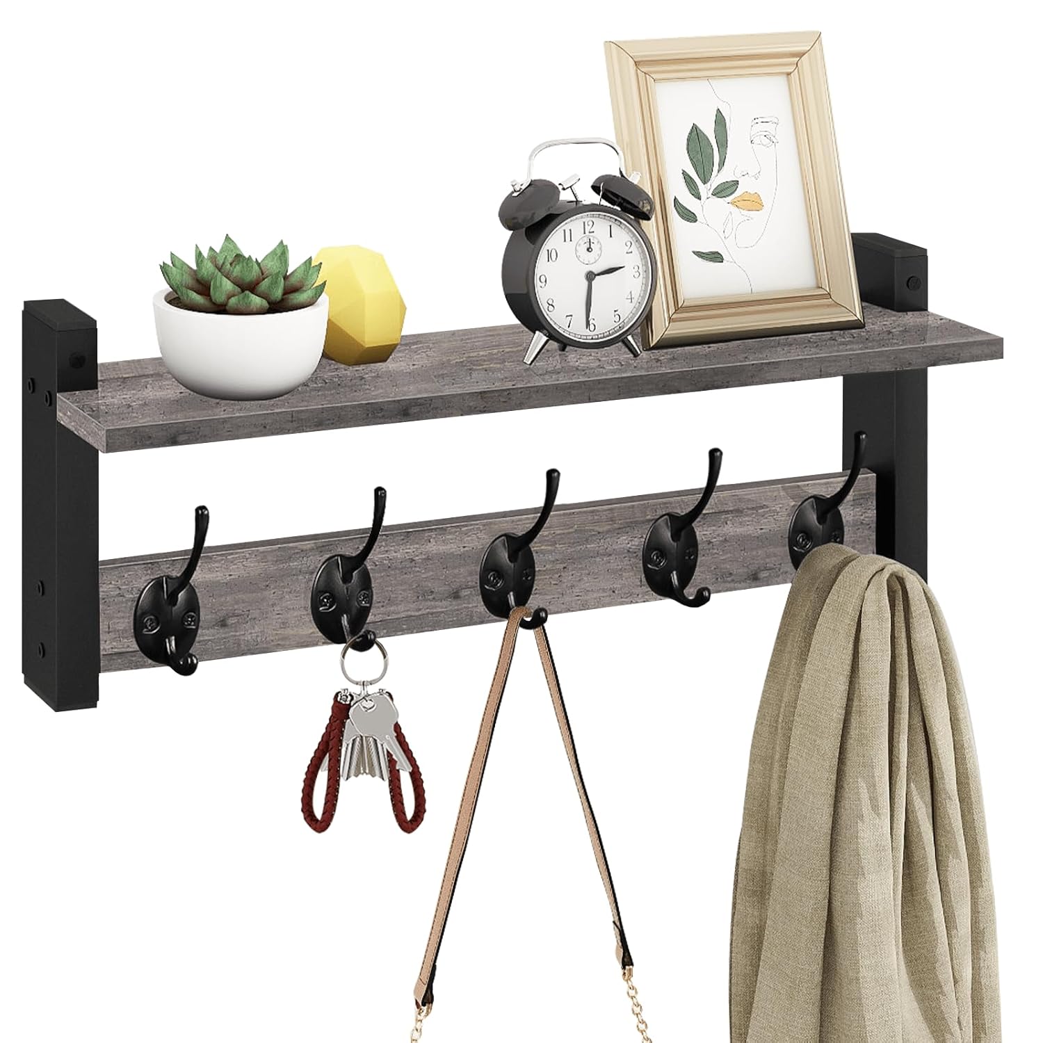 Homode Homode Wall Shelf with Hooks and Pegs for Entryway Bathroom Hallway Bedroom Stylish Wood and Iron Coat Rack Wall Mount - View 9 of 9