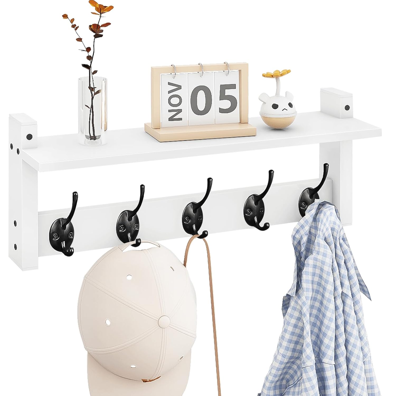 Homode Homode Wall Shelf with Hooks and Pegs for Entryway Bathroom Hallway Bedroom Stylish Wood and Iron Coat Rack Wall Mount