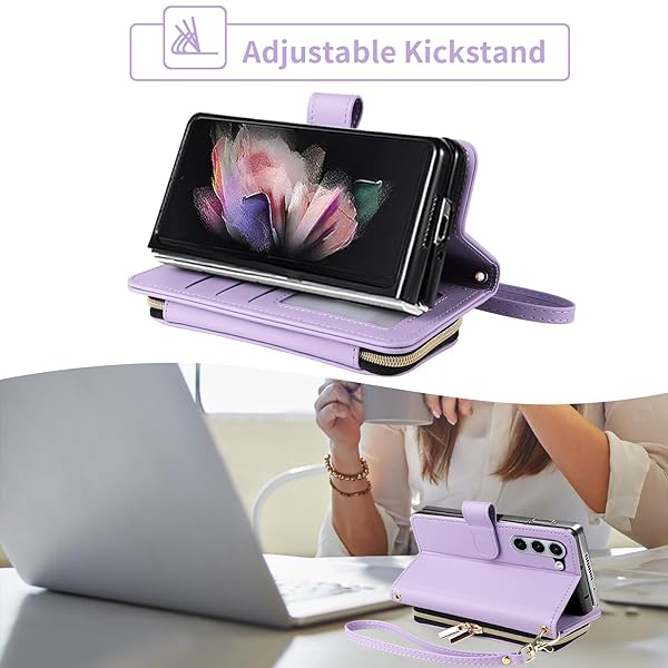Furiet Furiet Wallet Case for Samsung Galaxy Z Fold 5 5G 2023 with Wrist Strap and 9 Card Slots Luxury PU Leather Cover in Purple - View 4 of 9