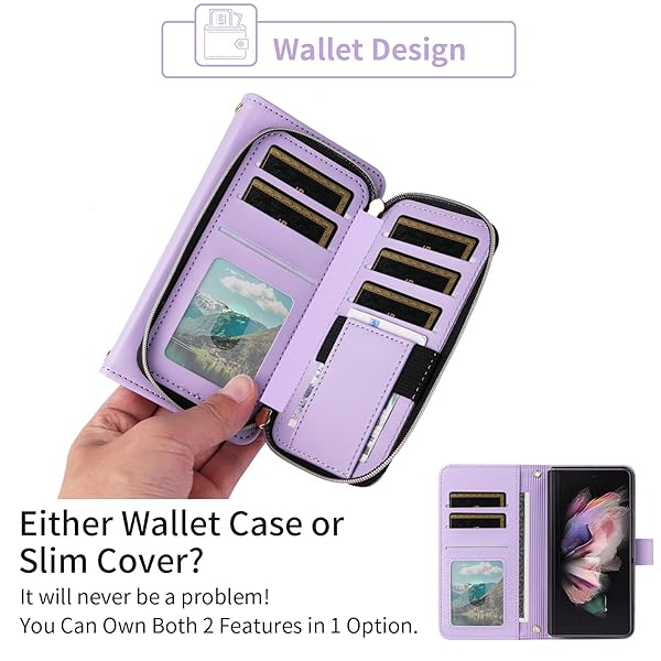 Furiet Furiet Wallet Case for Samsung Galaxy Z Fold 5 5G 2023 with Wrist Strap and 9 Card Slots Luxury PU Leather Cover in Purple - View 6 of 9