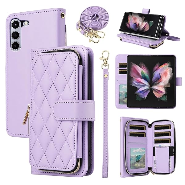 Furiet Furiet Wallet Case for Samsung Galaxy Z Fold 5 5G 2023 with Wrist Strap and 9 Card Slots Luxury PU Leather Cover in Purple