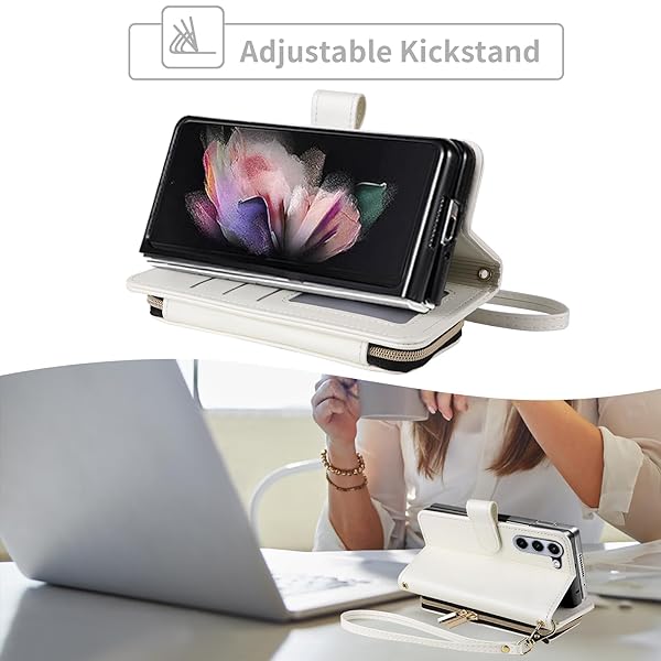 Furiet Furiet Wallet Case for Samsung Galaxy Z Fold 5 5G with Wrist Strap and 9 Card Slots Luxury PU Leather Stand Cover White - View 4 of 9