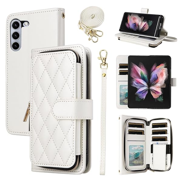 Furiet Furiet Wallet Case for Samsung Galaxy Z Fold 5 5G with Wrist Strap and 9 Card Slots Luxury PU Leather Stand Cover White - View 2 of 9