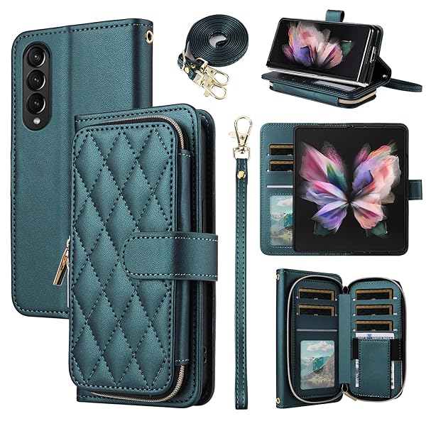 Furiet Furiet Wallet Case for Samsung Galaxy Z Fold 3 5G Luxury PU Leather with Wrist Strap and 9 Card Slots Green
