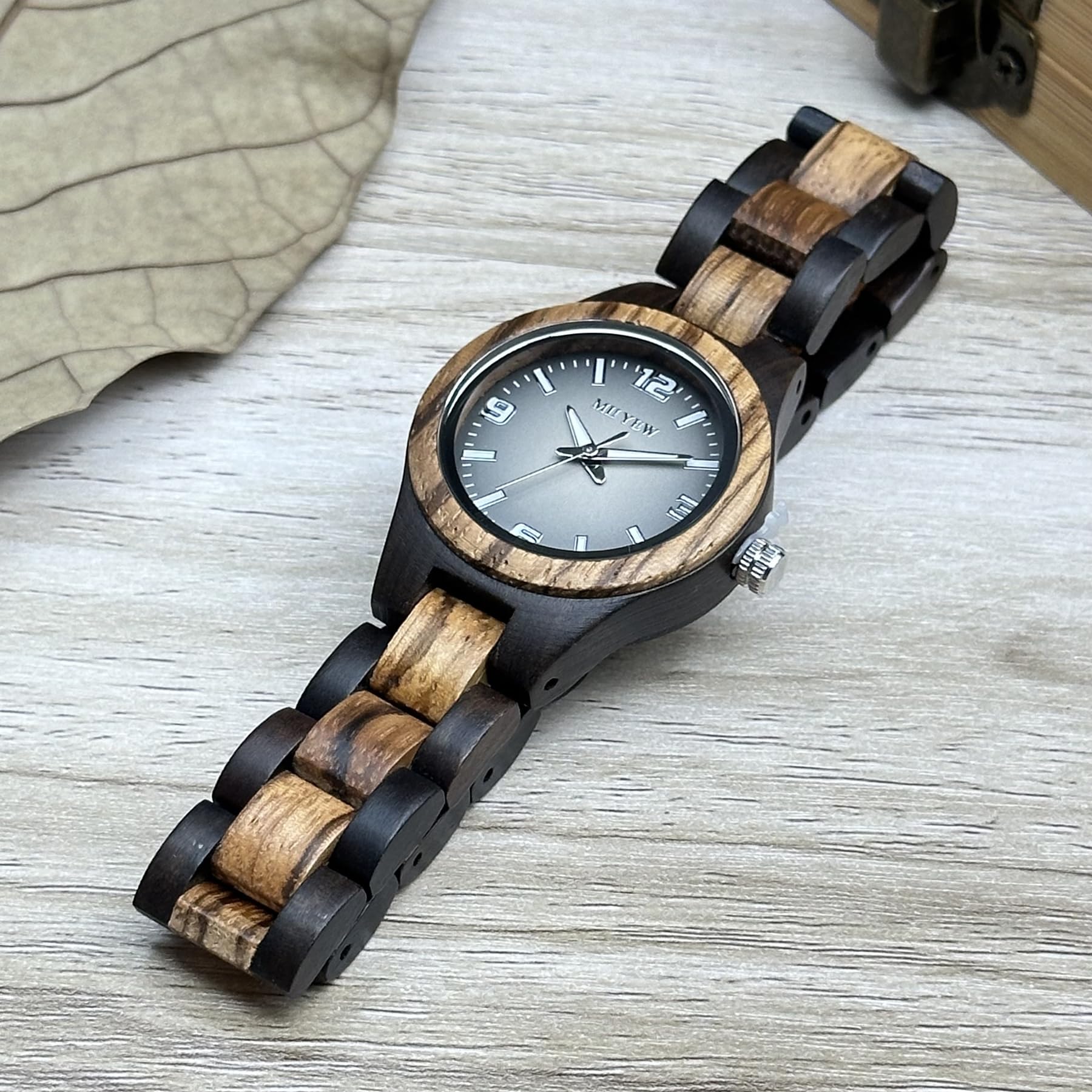 MII YEW MII YEW Wooden Watch for Women Natural Wood Round Analog Quartz with Gradient Grey Dial and Extra Links - View 3 of 6