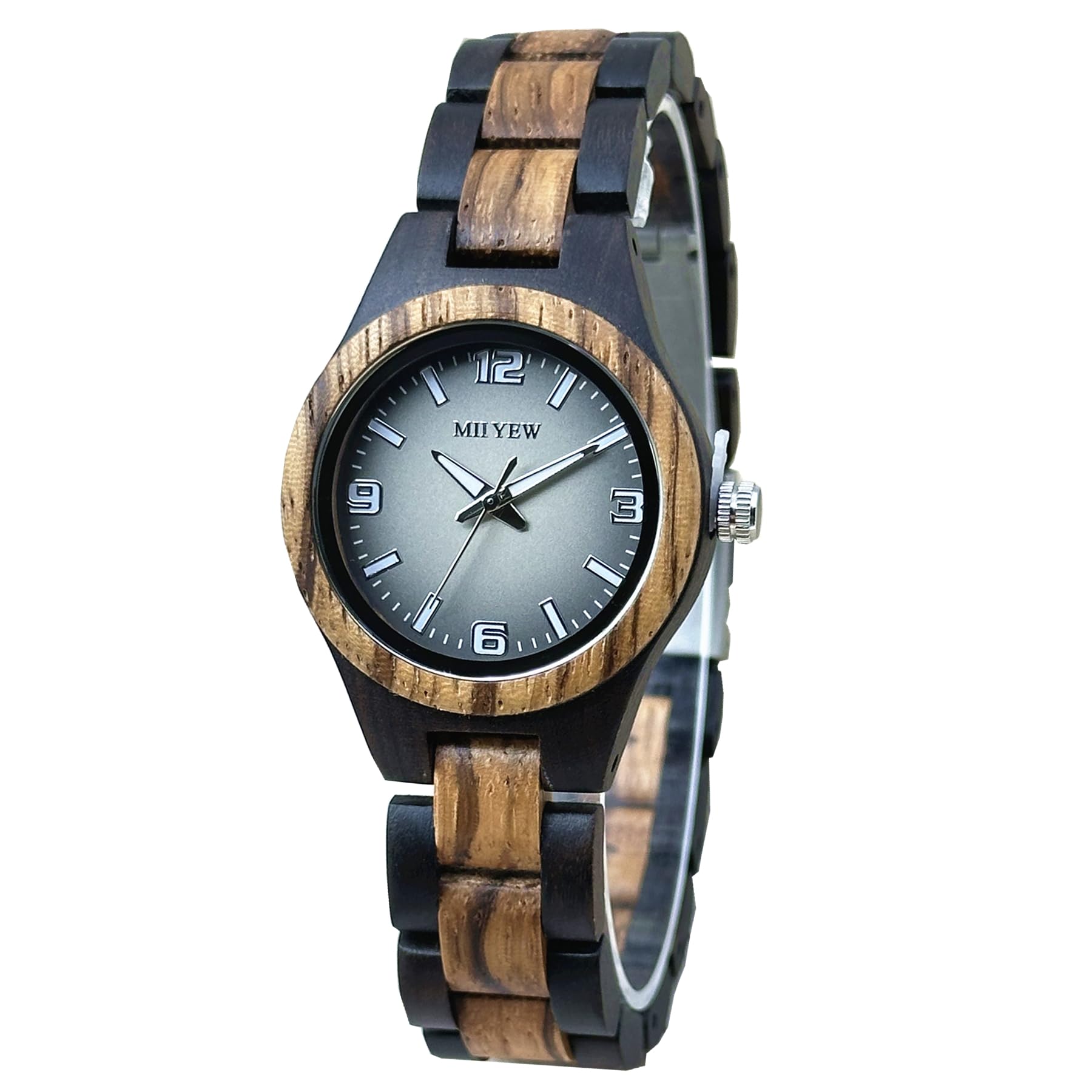 MII YEW MII YEW Wooden Watch for Women Natural Wood Round Analog Quartz with Gradient Grey Dial and Extra Links
