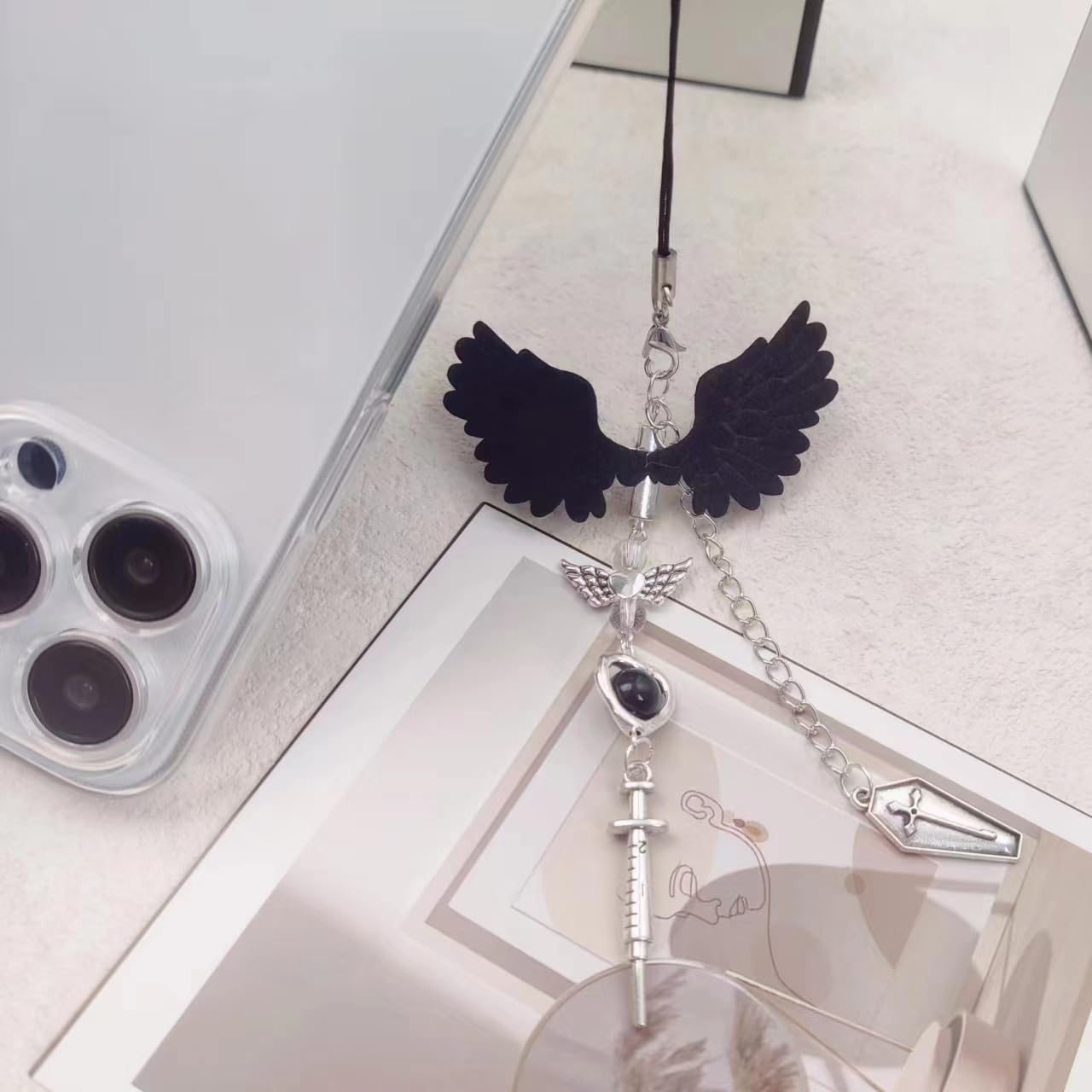 AGEN KGEN Cute Y2K Phone Charm Keychain Aesthetic Lanyard Accessories for Bag Purse Backpack Wallet Airpods Decor for Women Black Wing - View 4 of 9