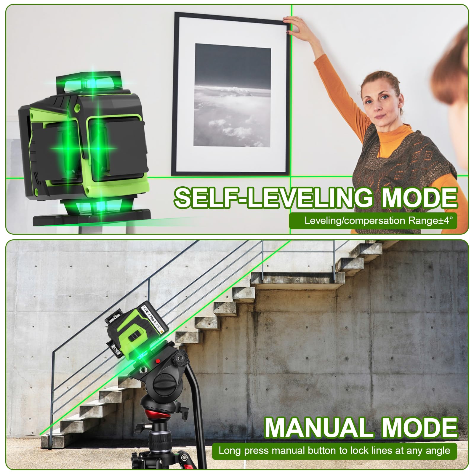 ENRIPRT 16 Line Laser Level 360 Self Leveling 4D Green Cross Line Laser for Construction and Picture Hanging with Batteries and Remote Control - View 2 of 8