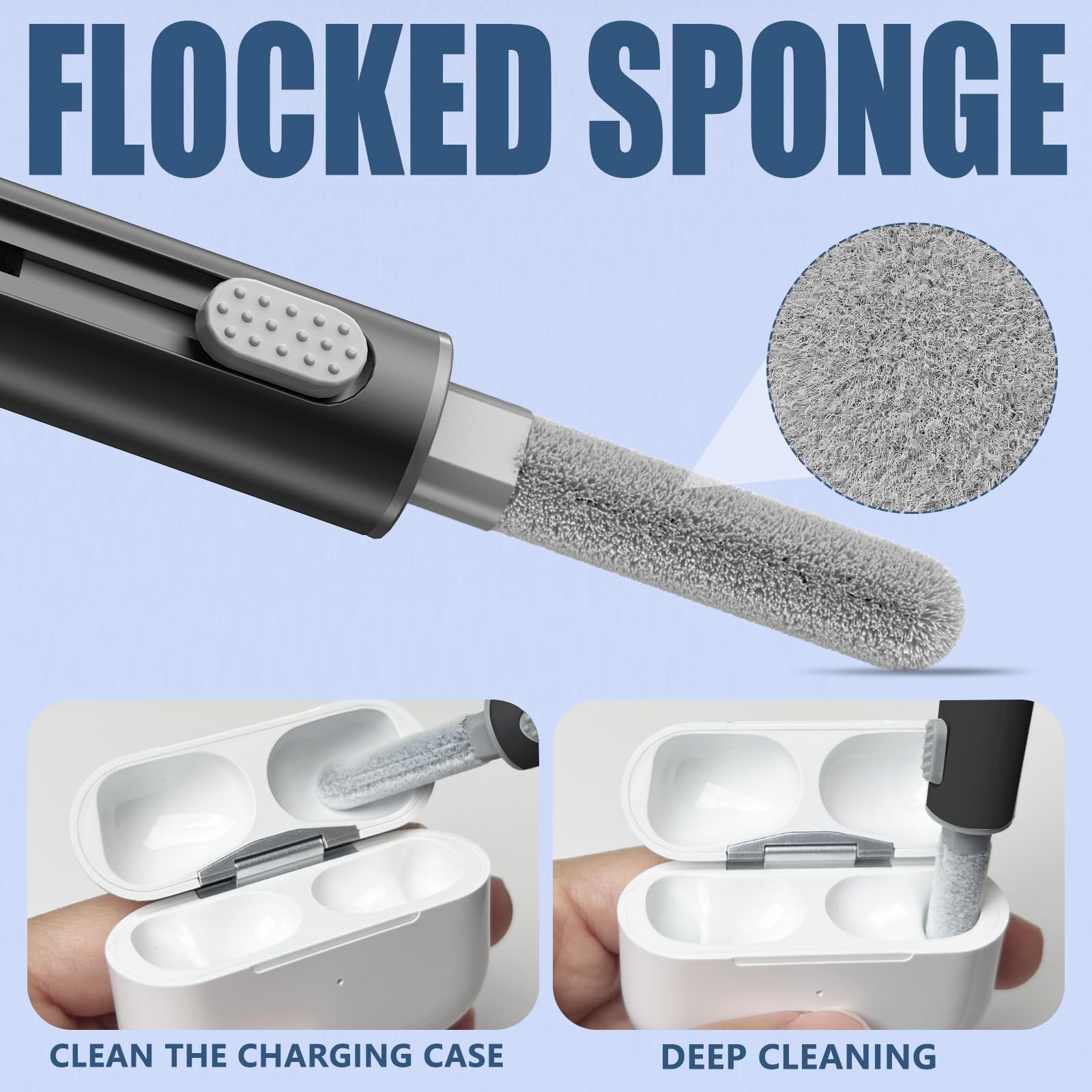 Inesore Airpods 4 Case Cleaner Kit Pen Shape Soft Brush Flocking Sponge Tool for Bluetooth Earphones Headphones Charging Case Phone Camera Computer Black - View 3 of 6