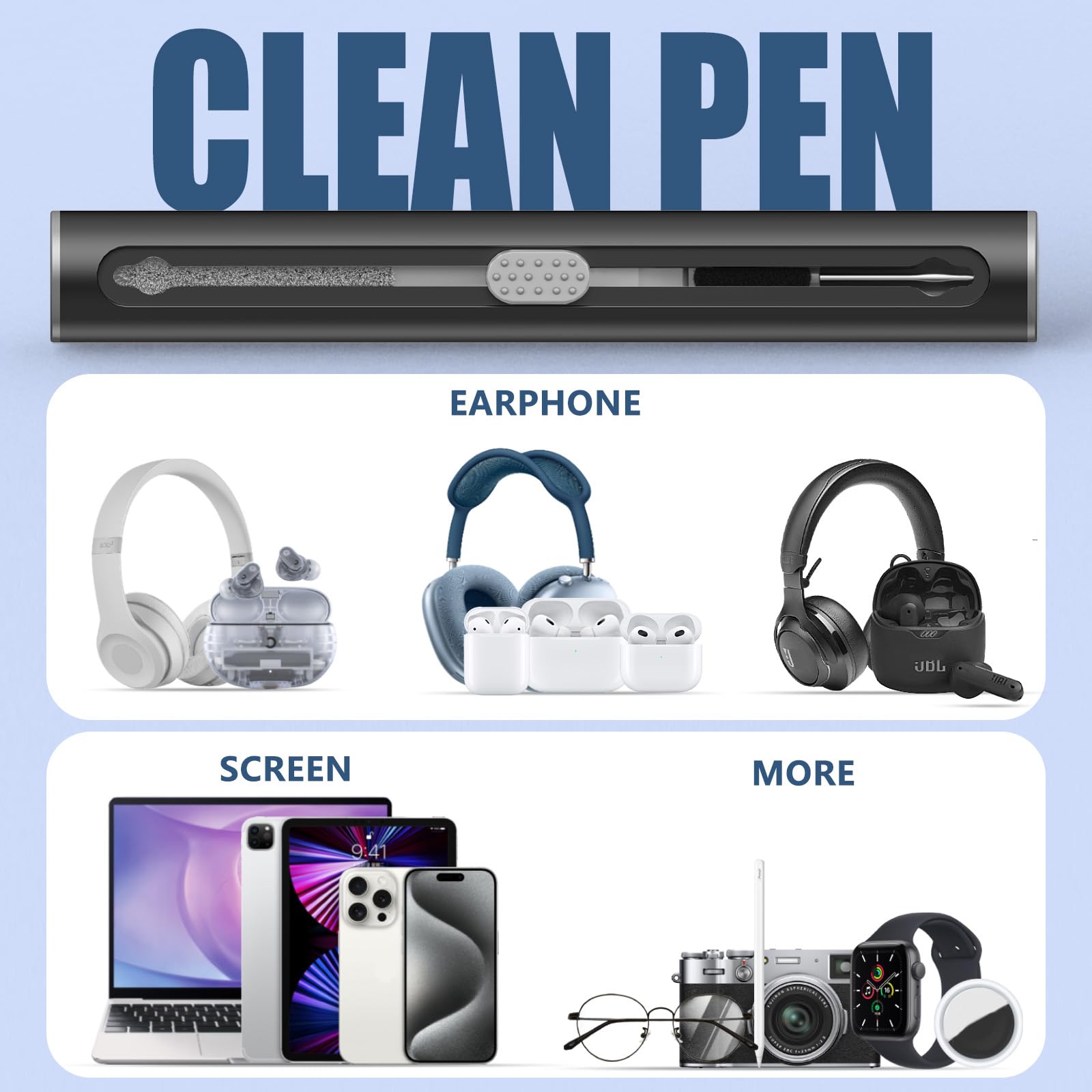 Inesore Airpods 4 Case Cleaner Kit Pen Shape Soft Brush Flocking Sponge Tool for Bluetooth Earphones Headphones Charging Case Phone Camera Computer Black - View 6 of 6