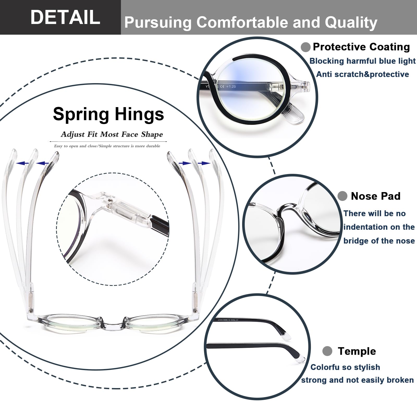 YTDBNS YTDBNS 2 Pack Retro Round Blue Light Blocking Reading Glasses for Women and Men with Spring Hinge 2.5 Magnification - View 4 of 7