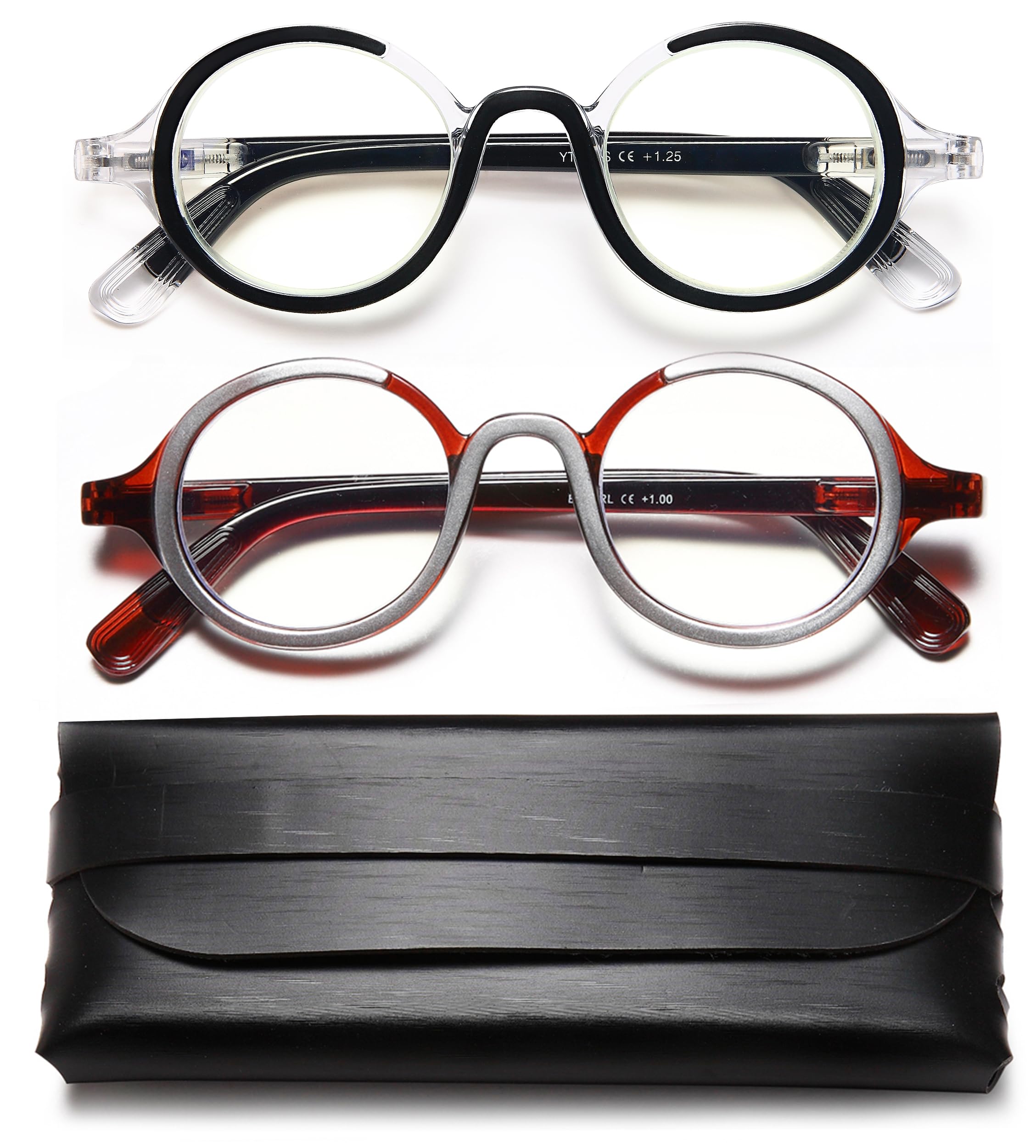 YTDBNS 2 Pack Retro Round Blue Light Blocking Reading Glasses for Women and Men with Spring Hinge 2.5 Magnification