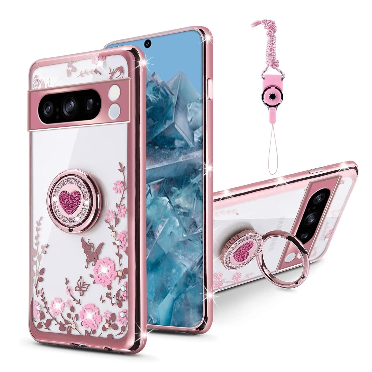 TSAYGFK Google Pixel 8 Pro Case Stylish Glitter Crystal Soft TPU Luxury Cute Protective Cover with Kickstand Strap for Women 6.7 inch - View 9 of 9