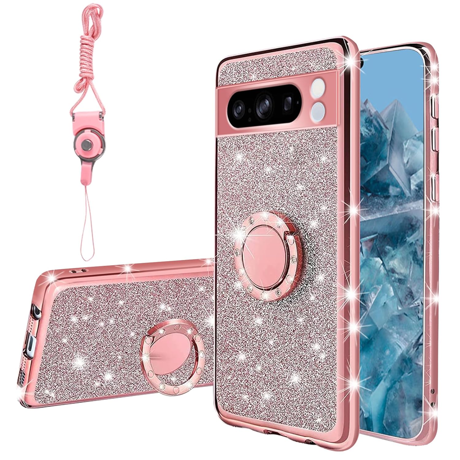 TSAYGFK Google Pixel 8 Pro Case Stylish Glitter Crystal Soft TPU Luxury Cute Protective Cover with Kickstand Strap for Women 6.7 inch
