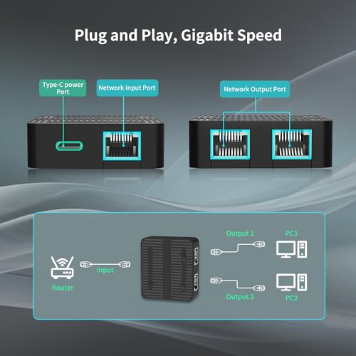 NICGIGA Gigabit Ethernet Splitter for 2 Devices 1000Mbps High Speed LAN Adapter with USB-C Power Cable for RJ45 Cat 5 to 8 Networking - View 4 of 8