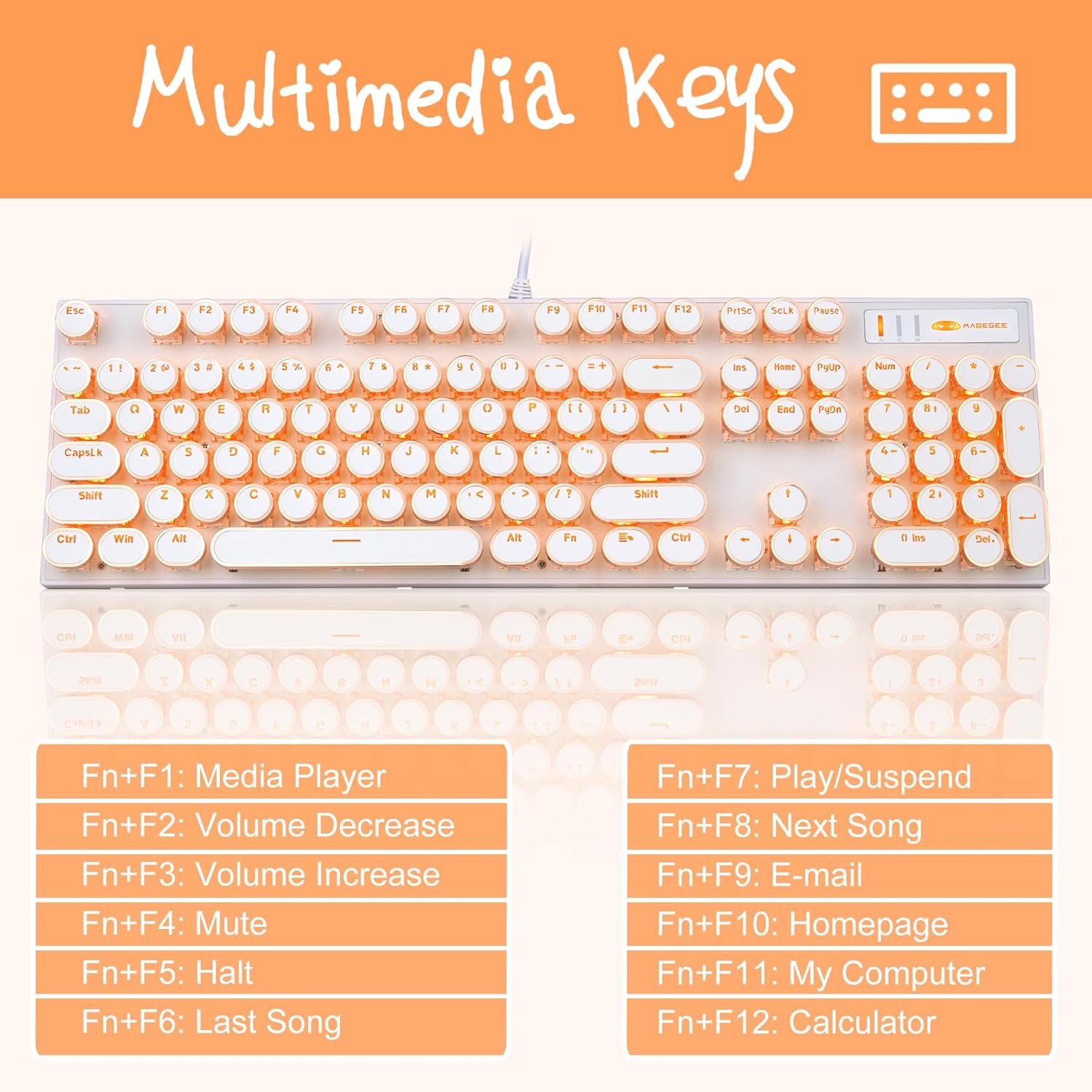 Camiysn Typewriter Style Mechanical Keyboard Retro Punk Gaming Keyboard with Gold LED Backlit Full Size 104 Keys Unique Round Keycaps for Windows Mac PC - View 2 of 9