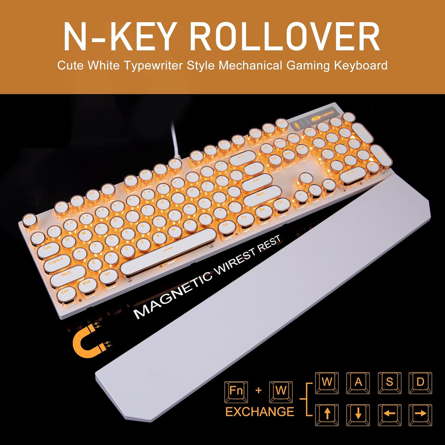 Camiysn Typewriter Style Mechanical Keyboard Retro Punk Gaming Keyboard with Gold LED Backlit Full Size 104 Keys Unique Round Keycaps for Windows Mac PC - View 6 of 9