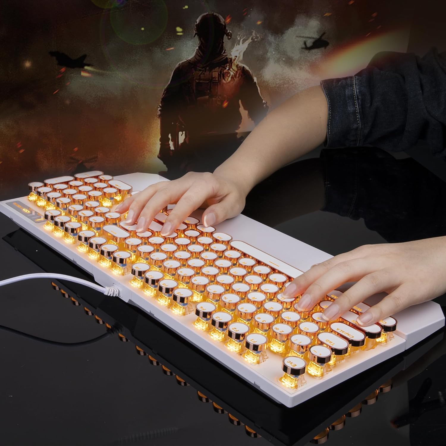 Camiysn Typewriter Style Mechanical Keyboard Retro Punk Gaming Keyboard with Gold LED Backlit Full Size 104 Keys Unique Round Keycaps for Windows Mac PC - View 7 of 9