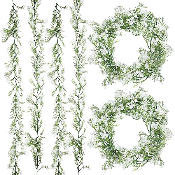 Lyrow Lyrow 6 Pieces Artificial Baby Breath Flower Vines 5.9ft Faux Hanging Garland for Wedding Party Home Decor