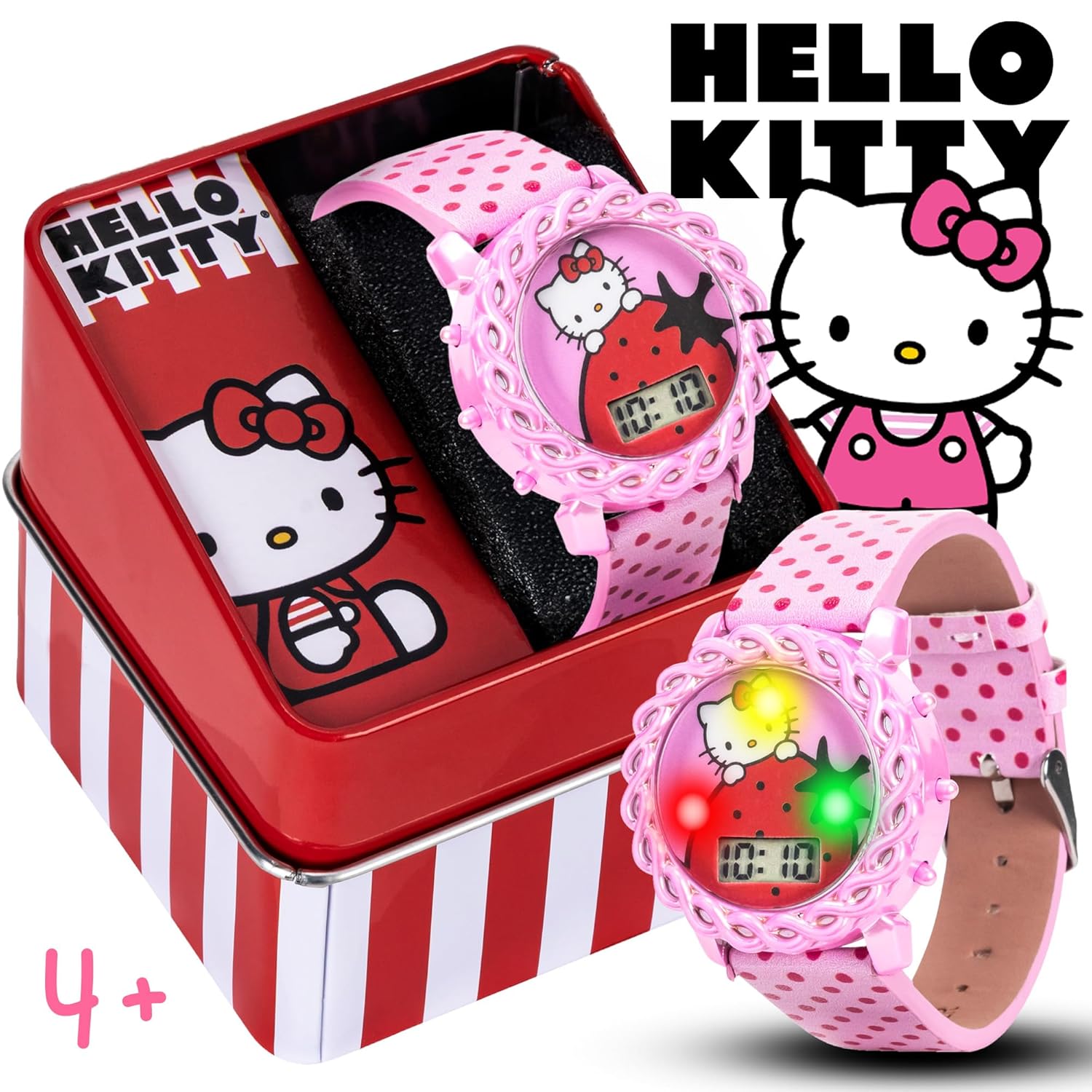 Accutime Hello Kitty Kids Digital Watch LED Display Pink Polka Dot Strap Adorable Strawberry Design Fun Light-Up Durable Adjustable Fit - View 2 of 9