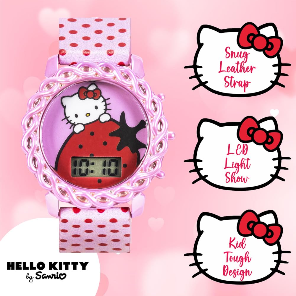 Accutime Hello Kitty Kids Digital Watch LED Display Pink Polka Dot Strap Adorable Strawberry Design Fun Light-Up Durable Adjustable Fit - View 3 of 9