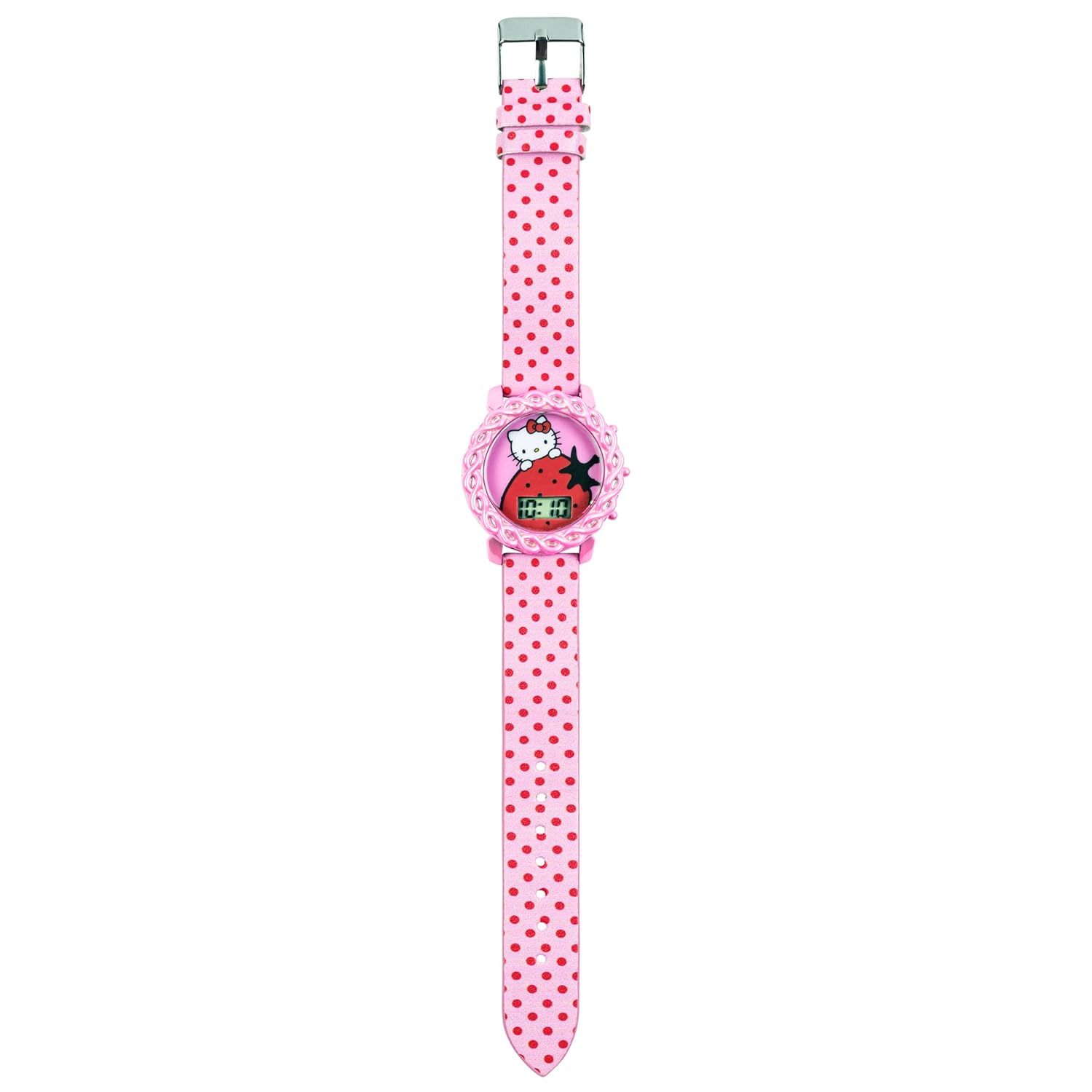 Accutime Hello Kitty Kids Digital Watch LED Display Pink Polka Dot Strap Adorable Strawberry Design Fun Light-Up Durable Adjustable Fit - View 7 of 9