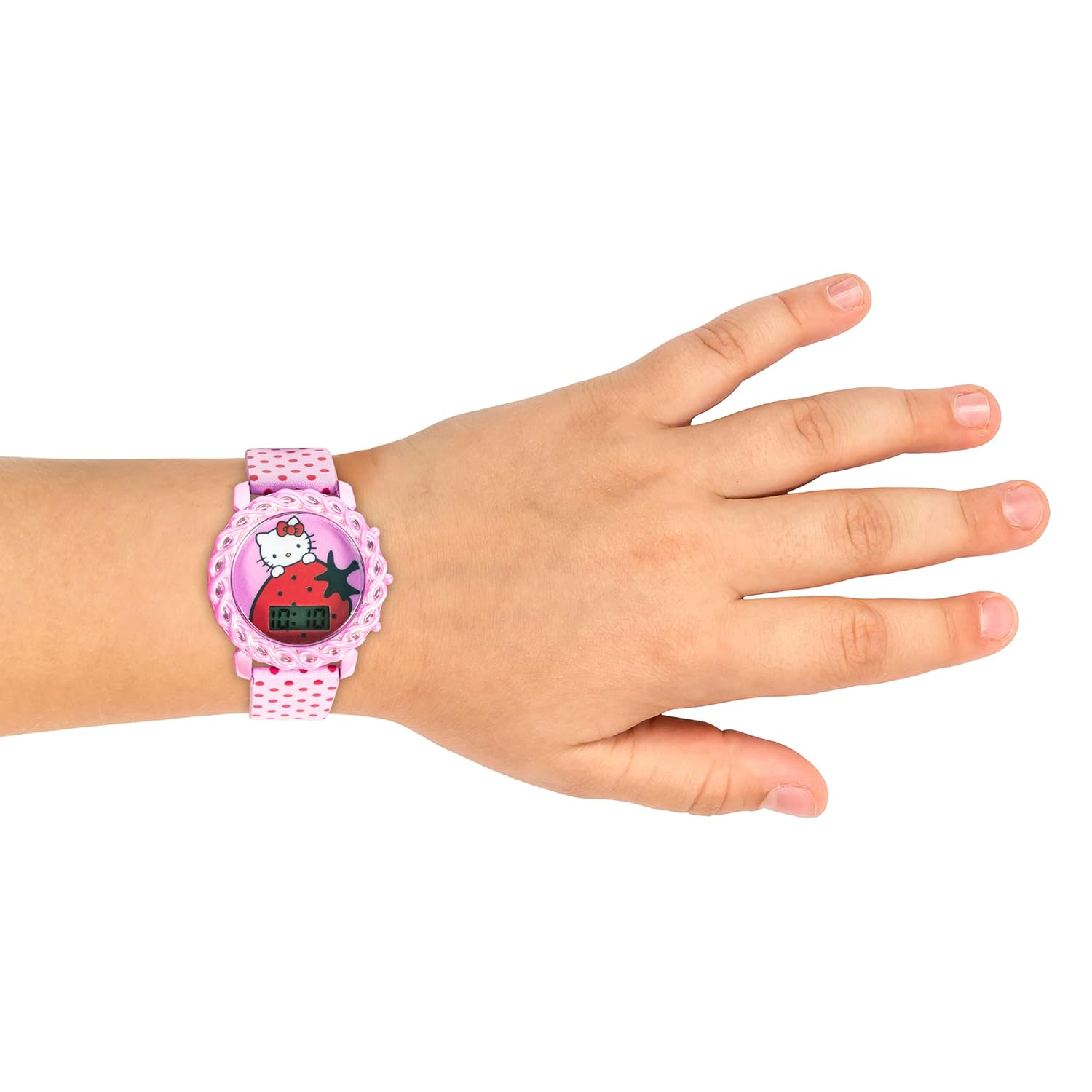 Accutime Hello Kitty Kids Digital Watch LED Display Pink Polka Dot Strap Adorable Strawberry Design Fun Light-Up Durable Adjustable Fit - View 8 of 9