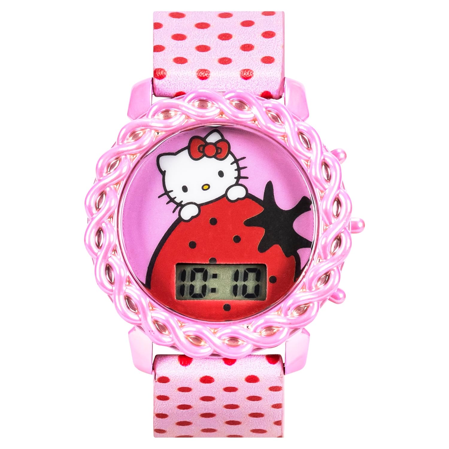 Accutime Hello Kitty Kids Digital Watch LED Display Pink Polka Dot Strap Adorable Strawberry Design Fun Light-Up Durable Adjustable Fit - View 9 of 9