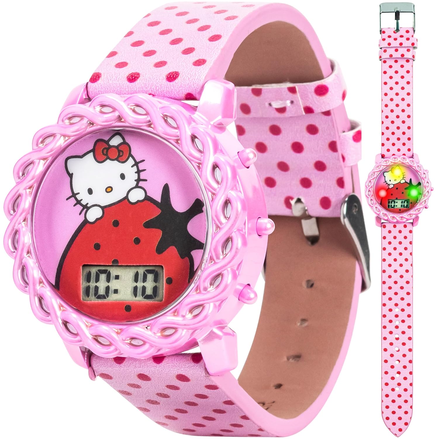 Accutime Hello Kitty Kids Digital Watch LED Display Pink Polka Dot Strap Adorable Strawberry Design Fun Light-Up Durable Adjustable Fit